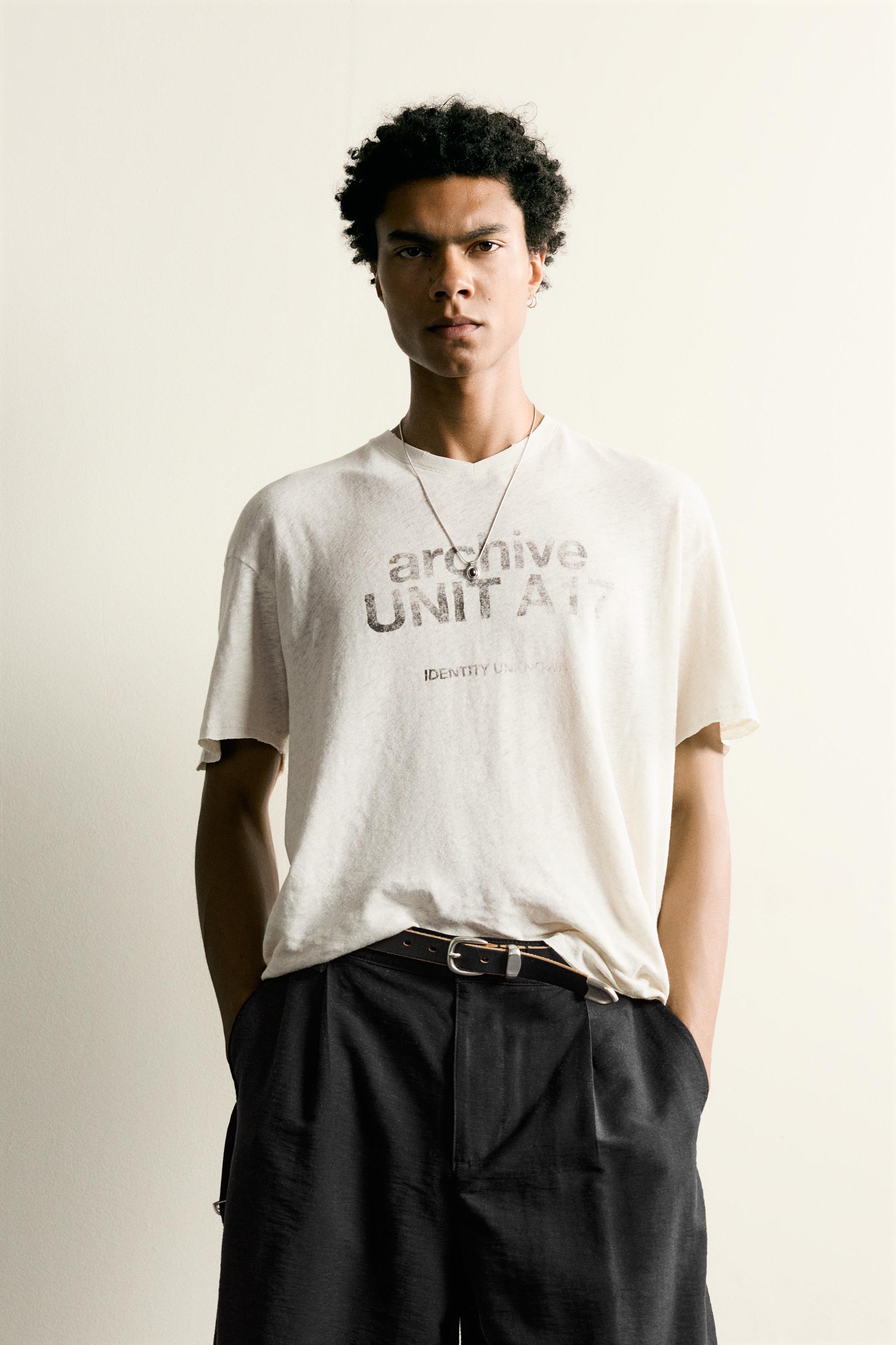 WASHED COTTON-LINEN T-SHIRT WITH TEXT
